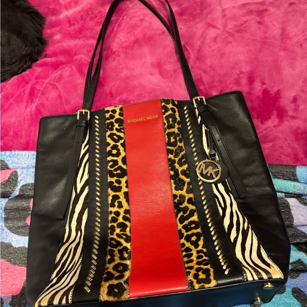 Michael Kors Black and Red Animal Print Tote Bag